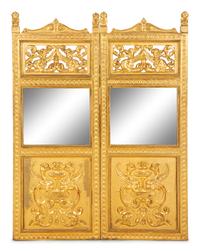 A Neoclassical Style Carved Giltwood Two-Panel Wall Hanging with Mirrored Inset Panels — 20th Century