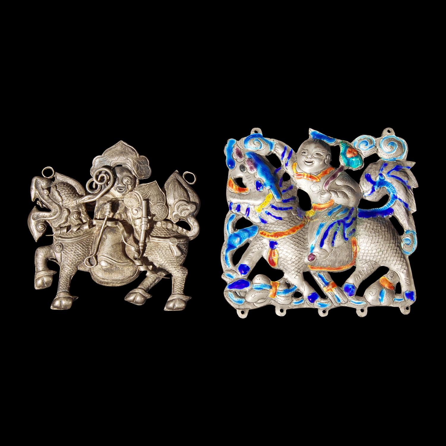 Eight Chinese Silver 'Boy and Qilin' Pendants, Late Qing Dynasty-Republic Period 晚清-民國 銀鍍金、銀燒藍及銀製麒麟送子長命鎖一組八件