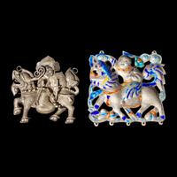 Eight Chinese Silver 'Boy and Qilin' Pendants, Late Qing Dynasty-Republic Period 晚清-民國 銀鍍金、銀燒藍及銀製麒麟送子長命鎖一組八件