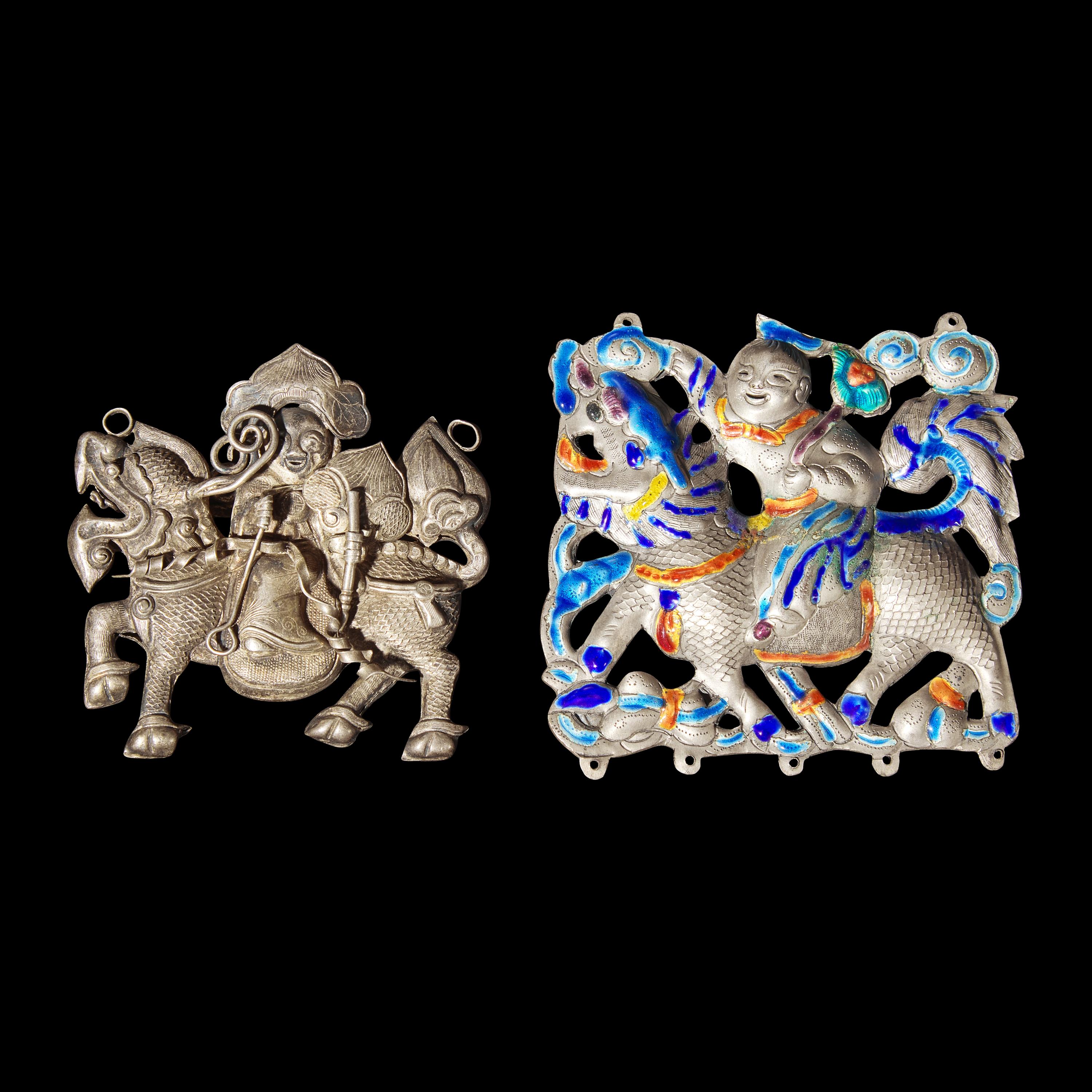 Eight Chinese Silver 'Boy and Qilin' Pendants, Late Qing Dynasty-Republic Period 晚清-民國 銀鍍金、銀燒藍及銀製麒麟送子長命鎖一組八件