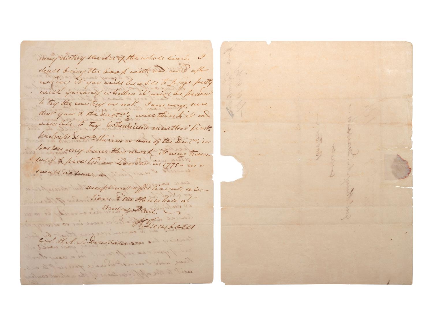 DEARBORN, Henry (1751-1829). Autograph letter signed ("H. Dearborn"), in which Dearborn advises his son on the treatment of sciatica. Gardiner, 16 September 1817.