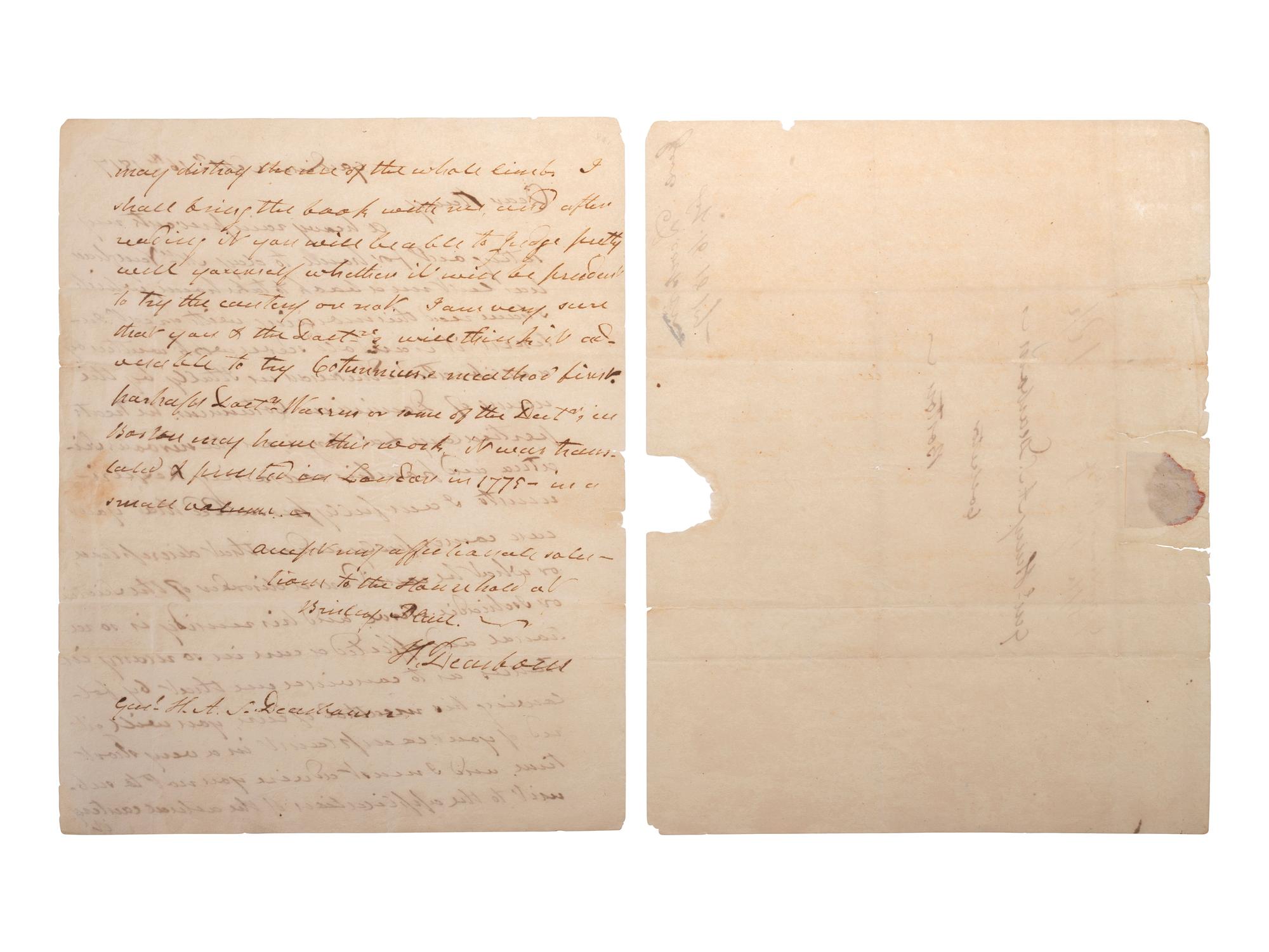 DEARBORN, Henry (1751-1829). Autograph letter signed ("H. Dearborn"), in which Dearborn advises his son on the treatment of sciatica. Gardiner, 16 September 1817.