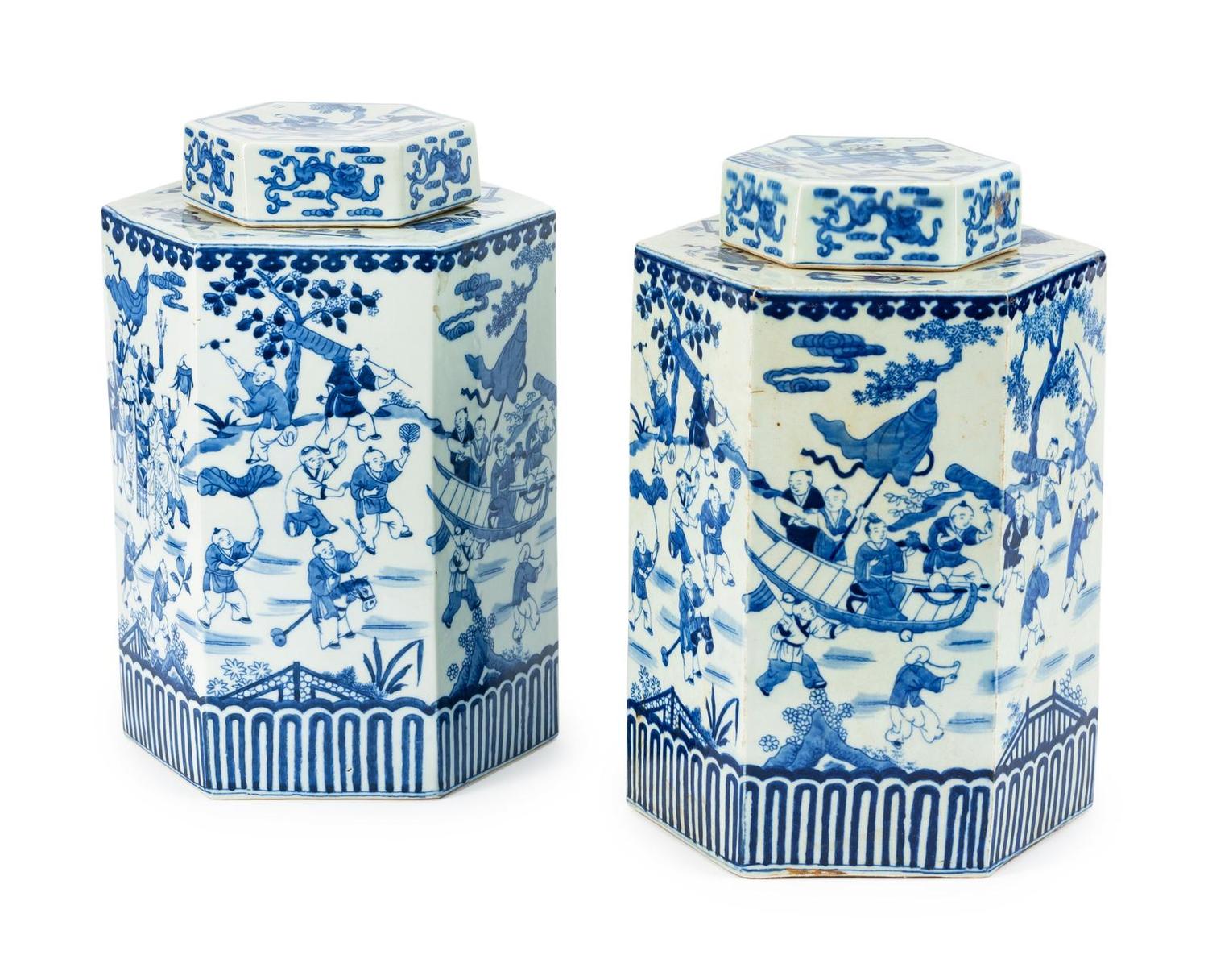 A Pair of Chinese Blue and White Porcelain Hexagonal Tea Canisters and Covers