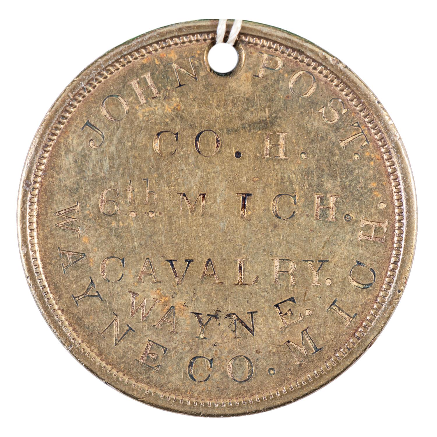 John Post, Company H, 6th Michigan Cavalry Regiment (George A. Custer's famed cavalry brigade). ID disc and stenciled sewing kit "housewife."