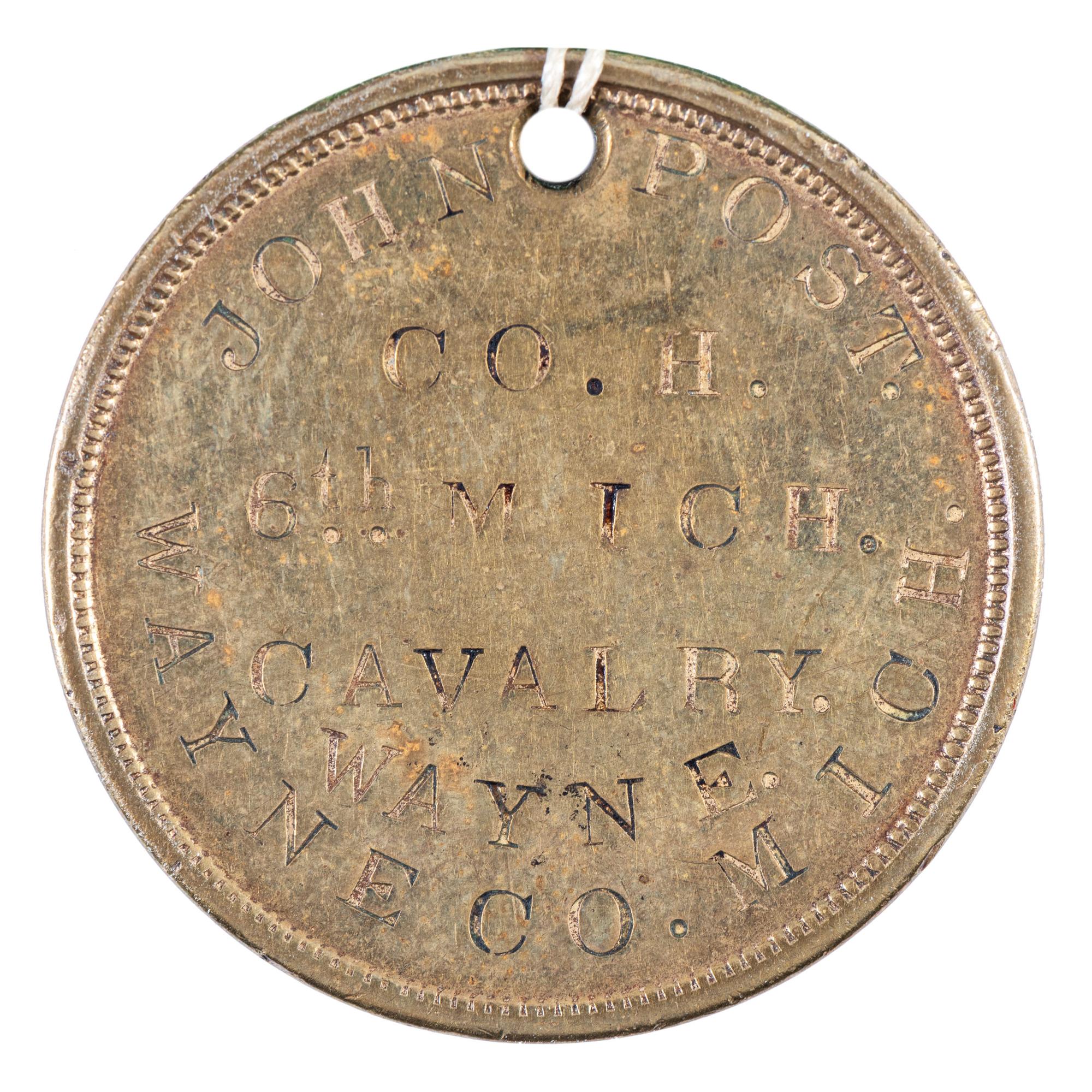 John Post, Company H, 6th Michigan Cavalry Regiment (George A. Custer's famed cavalry brigade). ID disc and stenciled sewing kit "housewife."