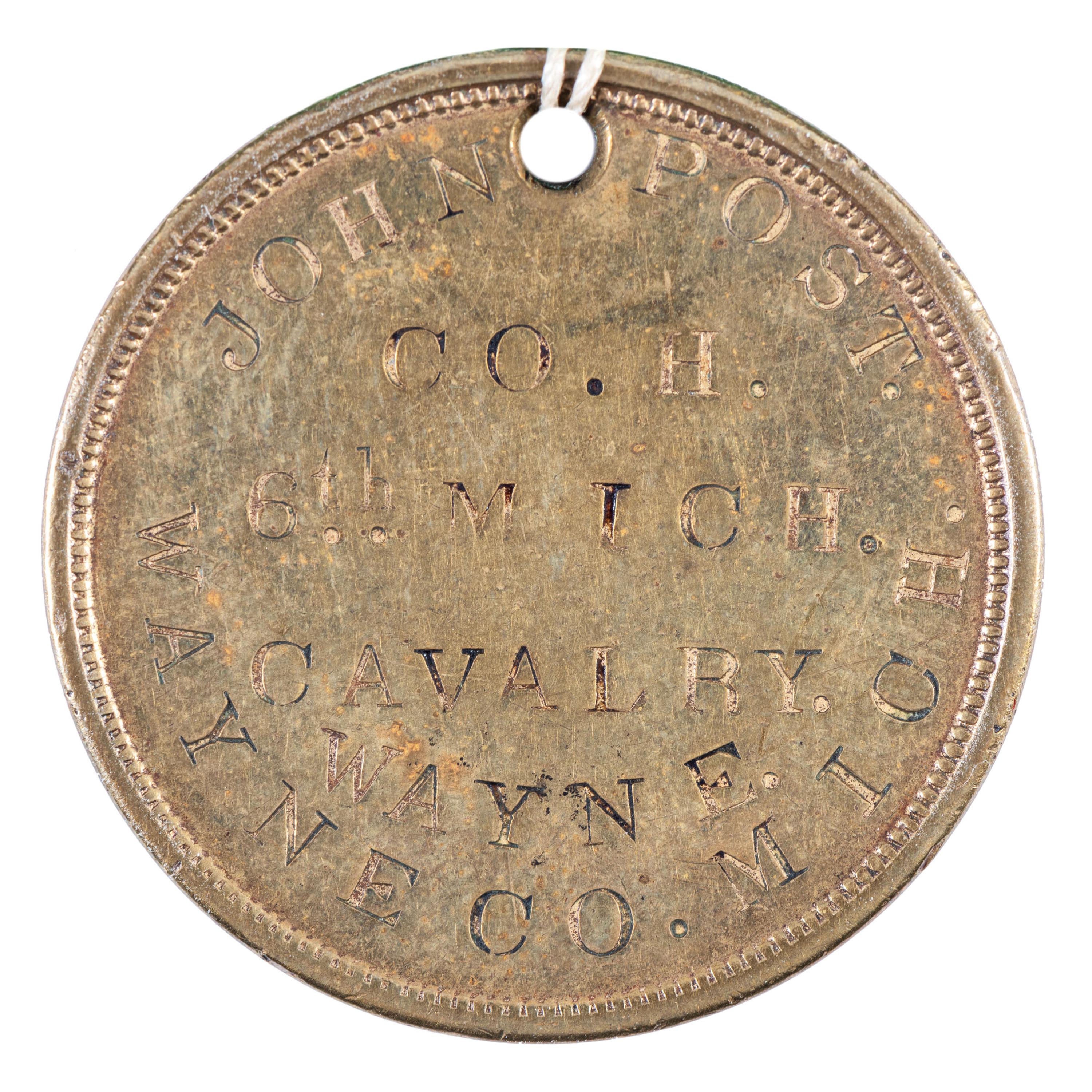 John Post, Company H, 6th Michigan Cavalry Regiment (George A. Custer's famed cavalry brigade). ID disc and stenciled sewing kit "housewife."