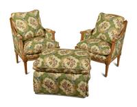 A Pair of Louis XVI Style Upholstered Chairs with Ottoman — 20TH CENTURY