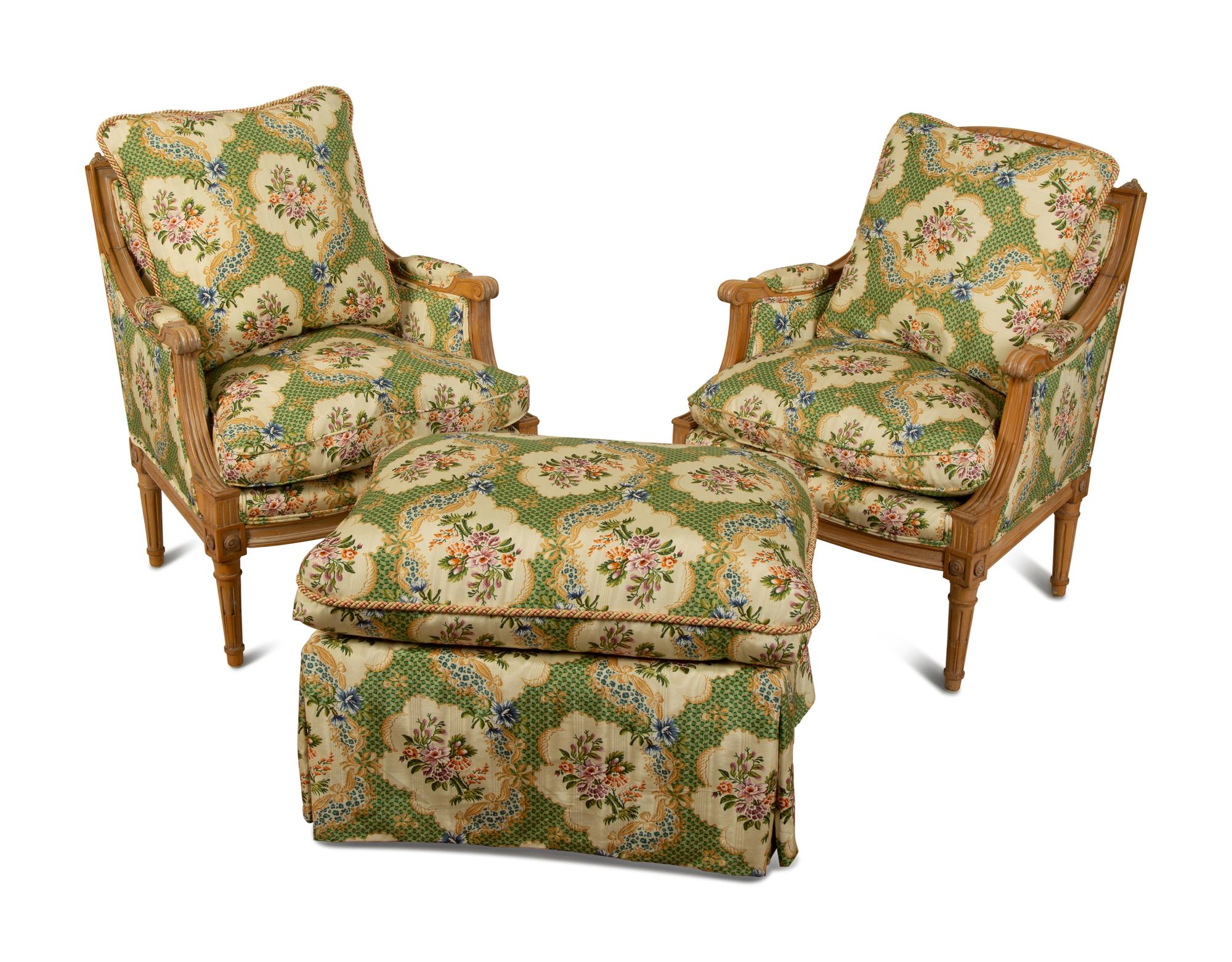 A Pair of Louis XVI Style Upholstered Chairs with Ottoman — 20TH CENTURY