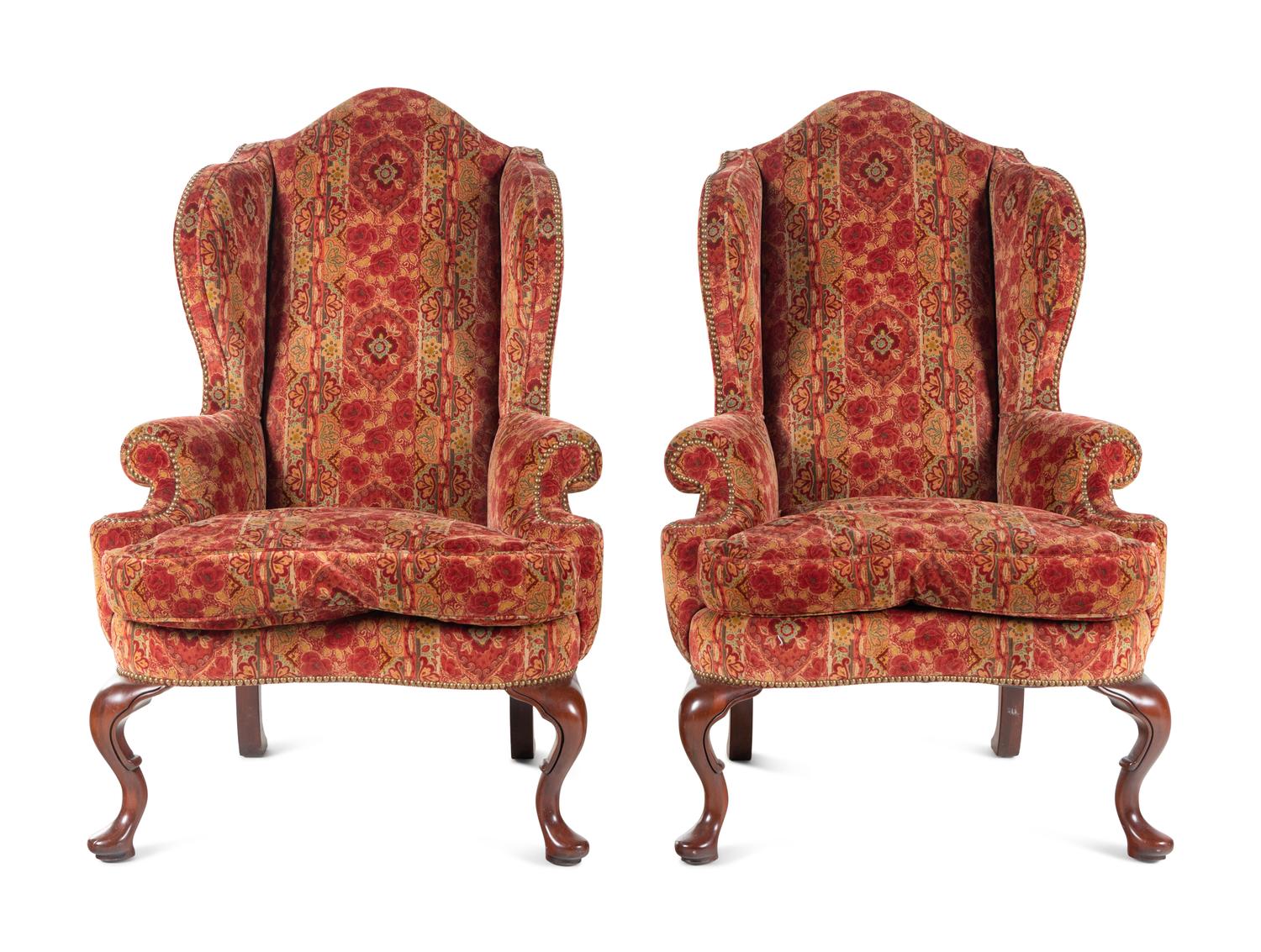 A Pair of Queen Anne Style Upholstered Library Chairs
