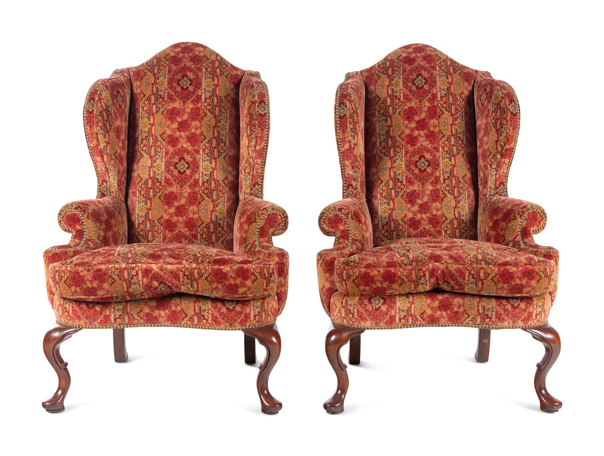 A Pair of Queen Anne Style Upholstered Library Chairs