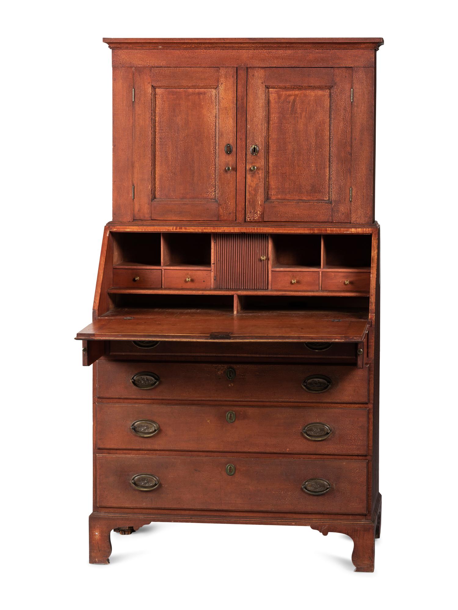 A Federal Red-Painted Maple or Cherrywood Desk-and Bookcase