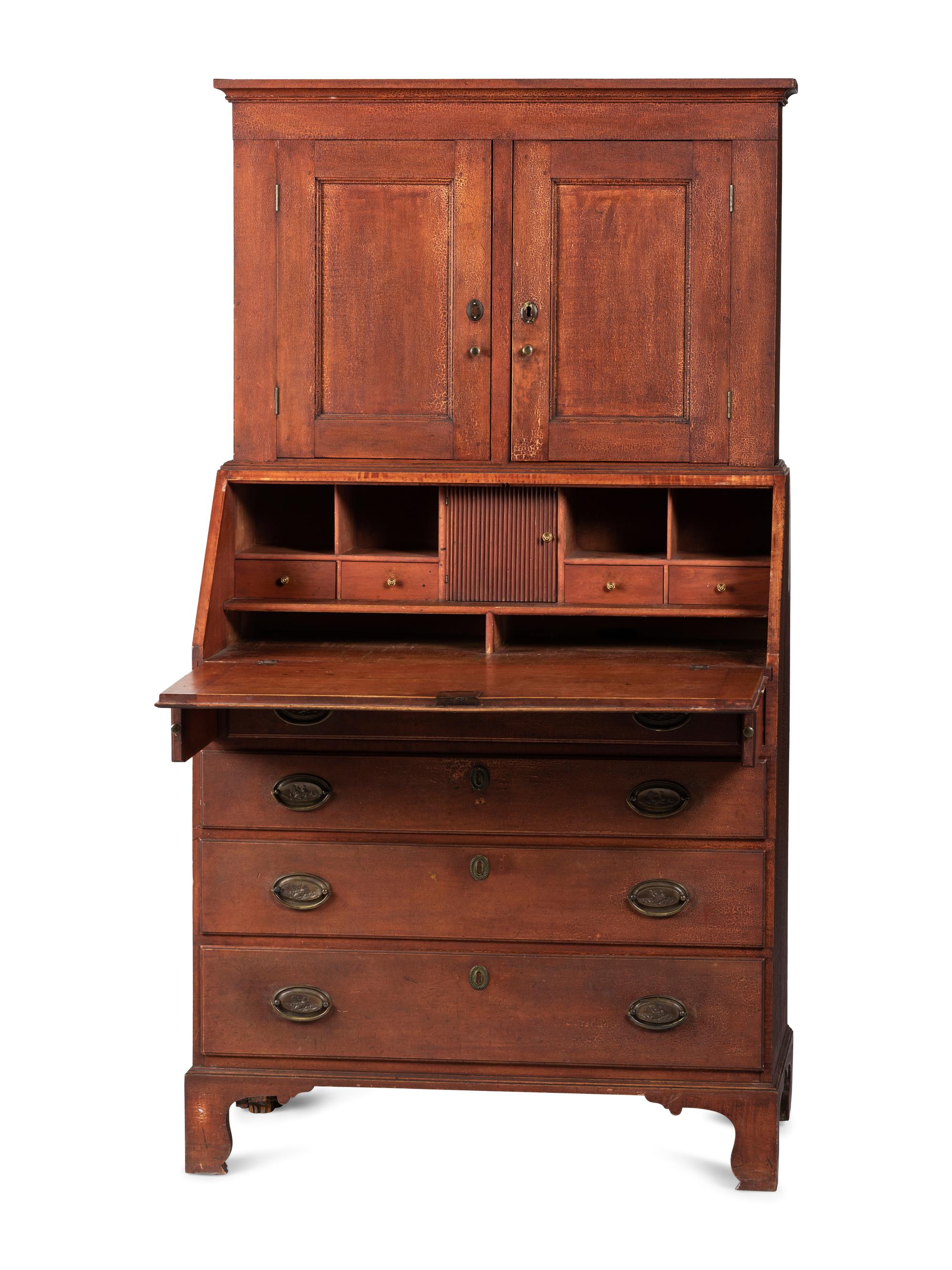 A Federal Red-Painted Maple or Cherrywood Desk-and Bookcase