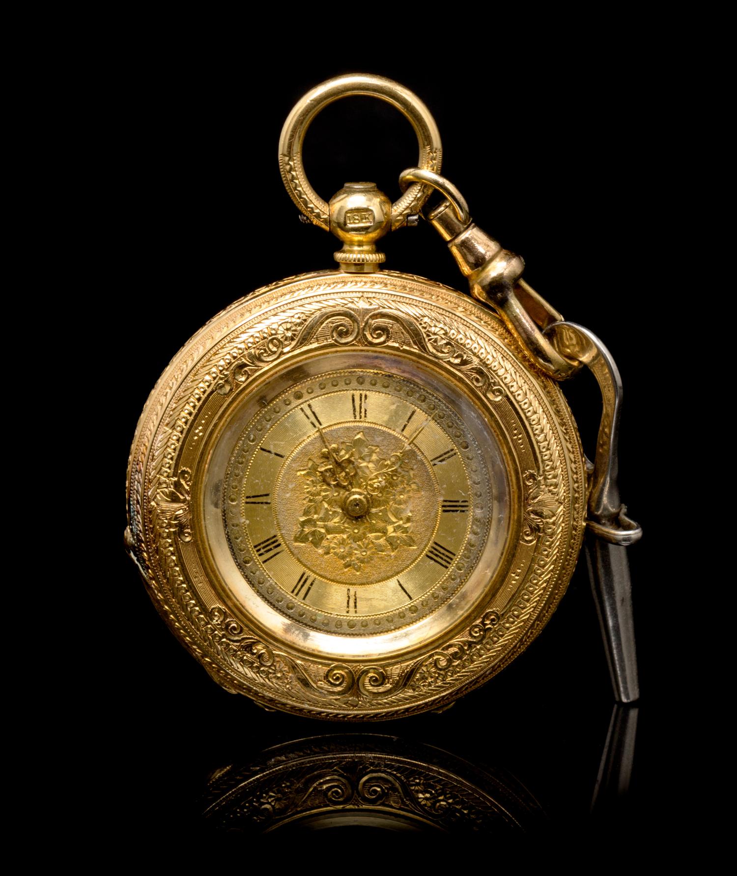 An 18 Karat Yellow Gold Key Wound Open Face Pocket Watch,