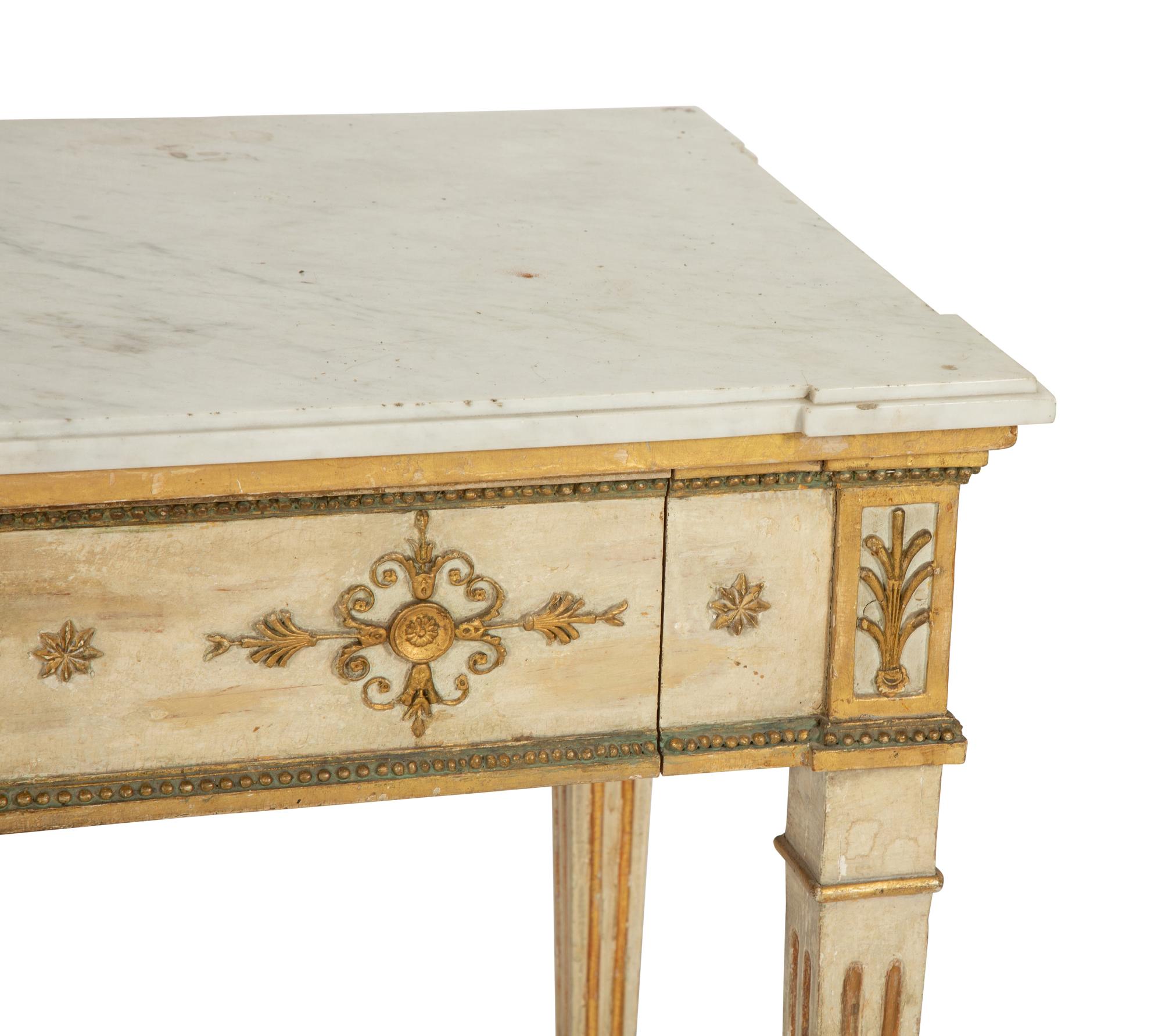 A Neoclassical Painted and Parcel Gilt Marble Top Console Table