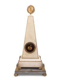 A Late Louis XVI or Directoire Gilt Bronze and Marble Obelisk Clock and Stand