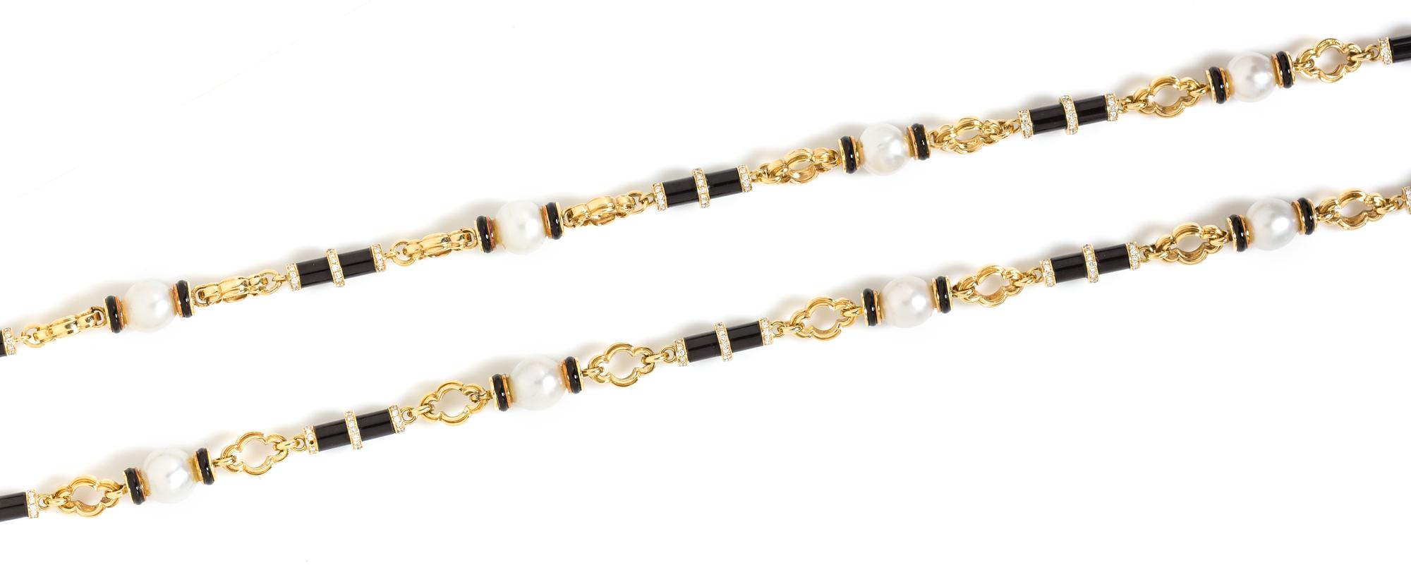 A Yellow Gold, Cultured South Sea Pearl, Diamond and Onyx Longchain Necklace, 131.00 dwts.