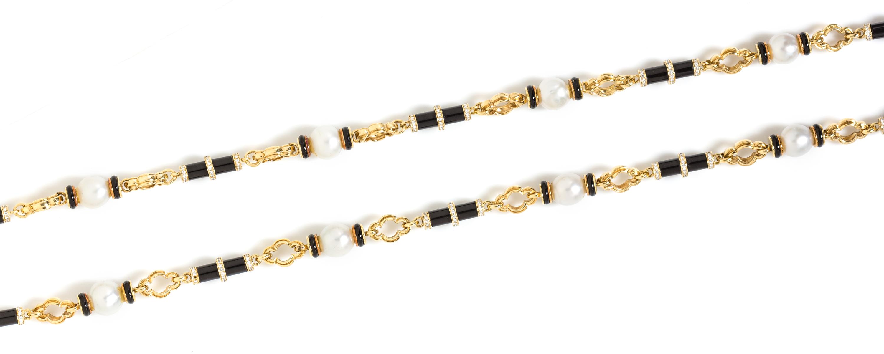 A Yellow Gold, Cultured South Sea Pearl, Diamond and Onyx Longchain Necklace, 131.00 dwts.