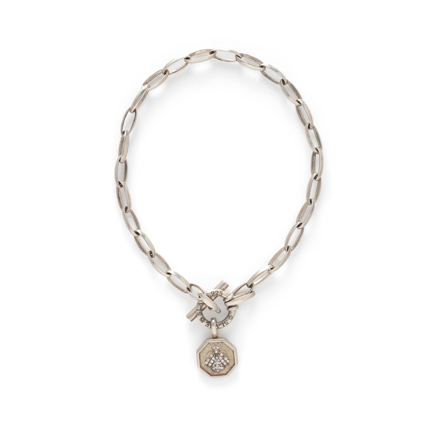 SLANE, STERLING SILVER TOGGLE CHAIN NECKLACE WITH DIAMOND INSECT PENDANT