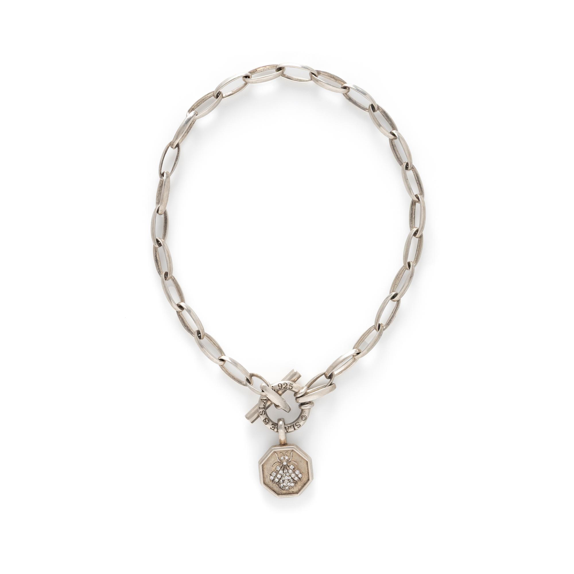 SLANE, STERLING SILVER TOGGLE CHAIN NECKLACE WITH DIAMOND INSECT PENDANT