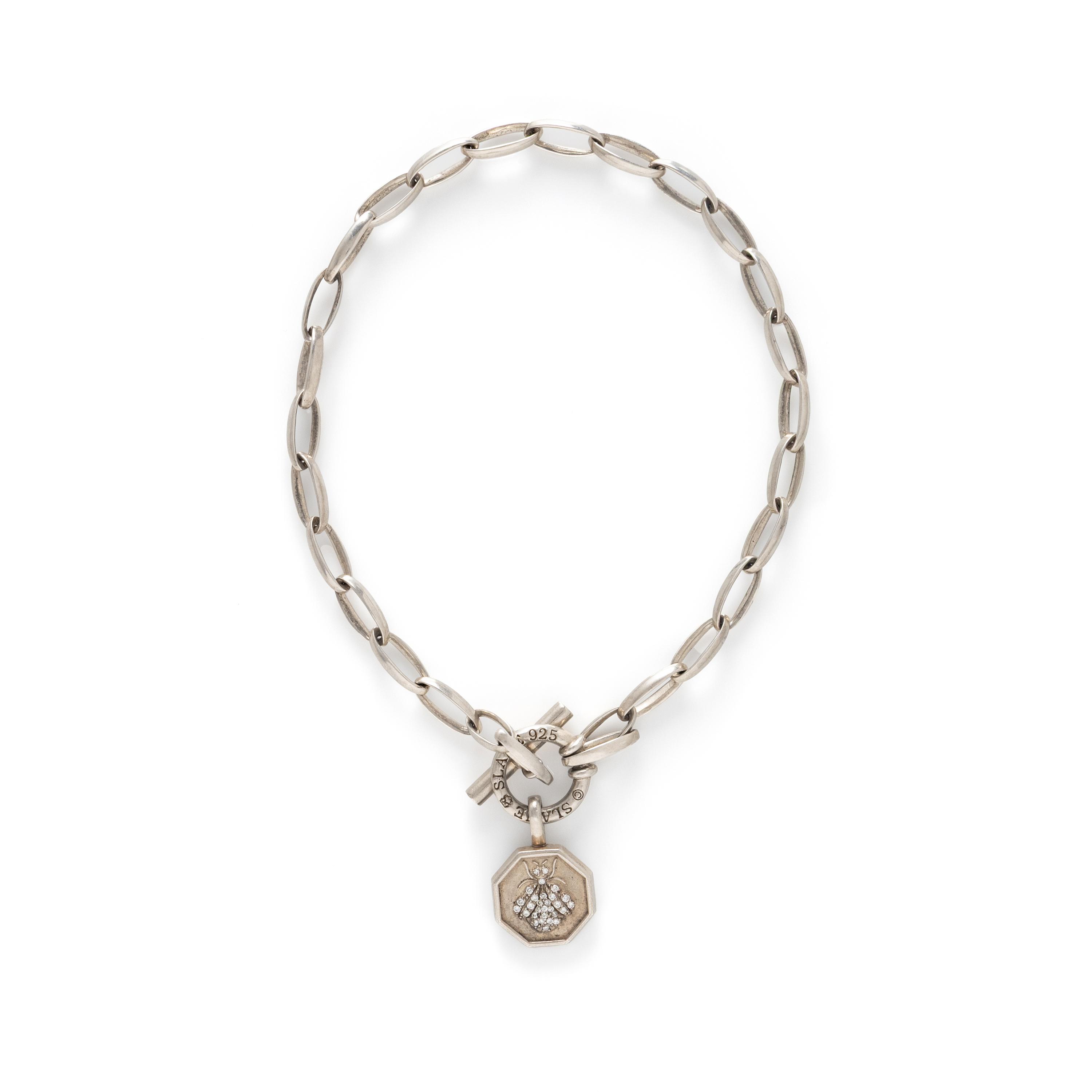SLANE, STERLING SILVER TOGGLE CHAIN NECKLACE WITH DIAMOND INSECT PENDANT