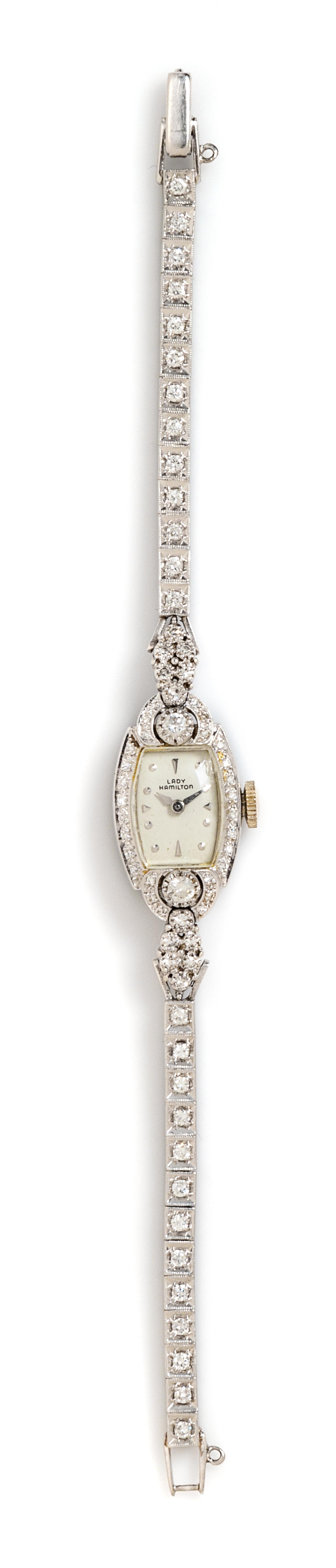 A 14 Karat White Gold, Platinum and Diamond 'Lady Hamilton' Wristwatch, Hamilton,
