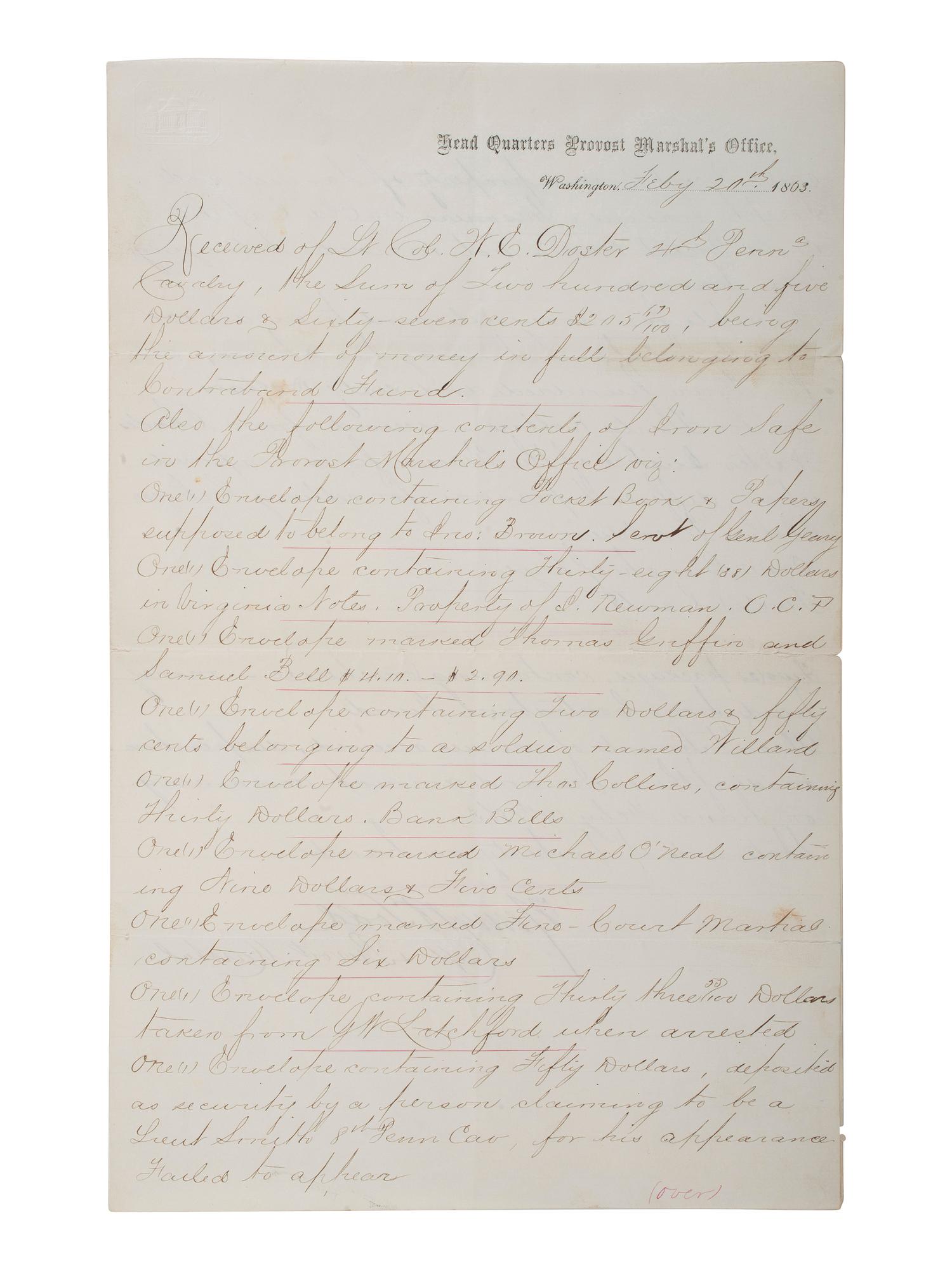 [SLAVERY & ABOLITION] -- [CIVIL WAR]. Autograph document regarding the Contraband Fund. Washington, DC, 20 February 1863.