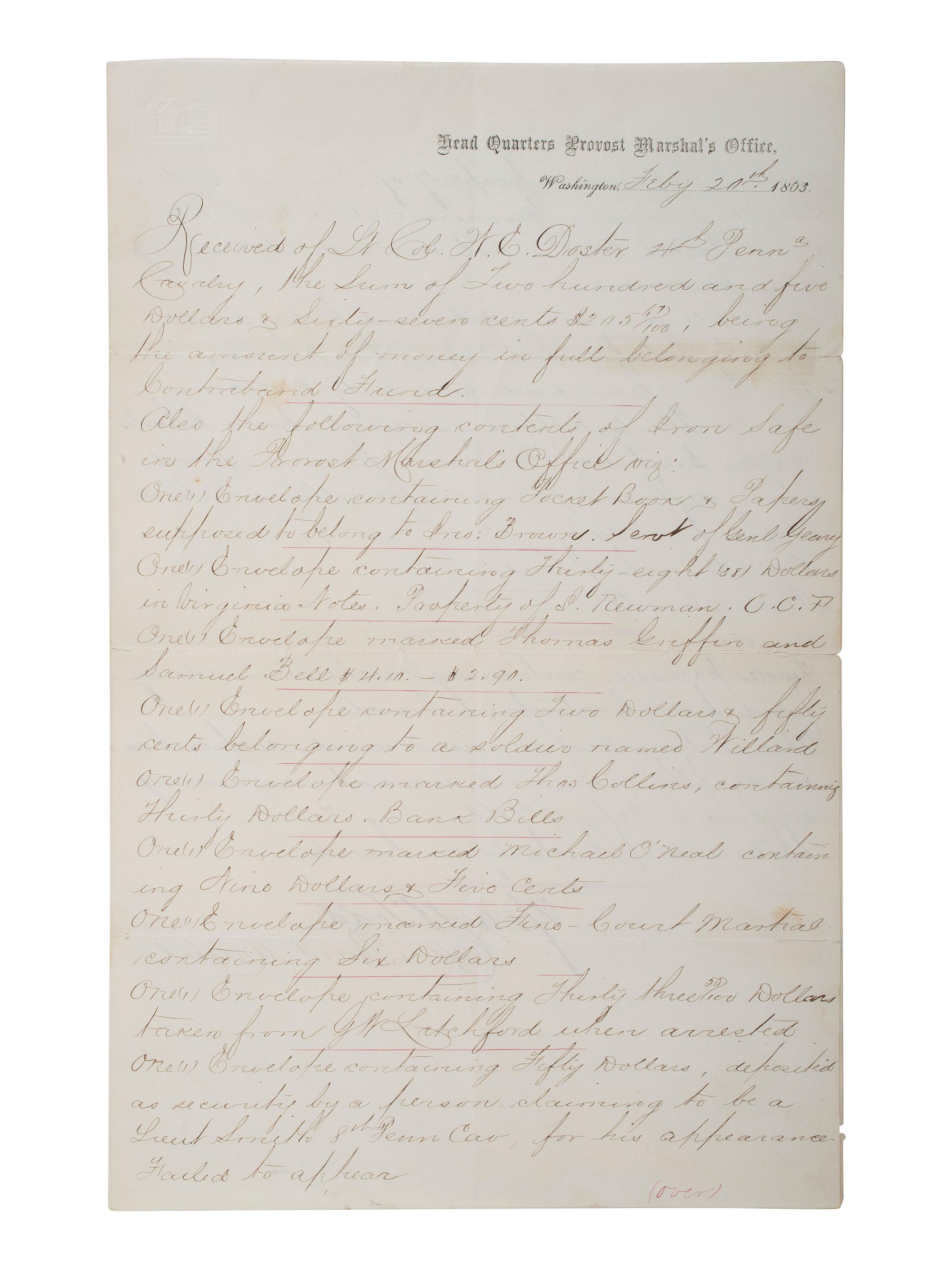 [SLAVERY & ABOLITION] -- [CIVIL WAR]. Autograph document regarding the Contraband Fund. Washington, DC, 20 February 1863.