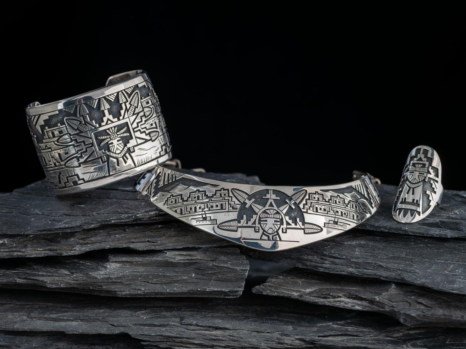 Sterling Silver Overlay Shalako Choker Necklace, Cuff Bracelet, and Ring Set