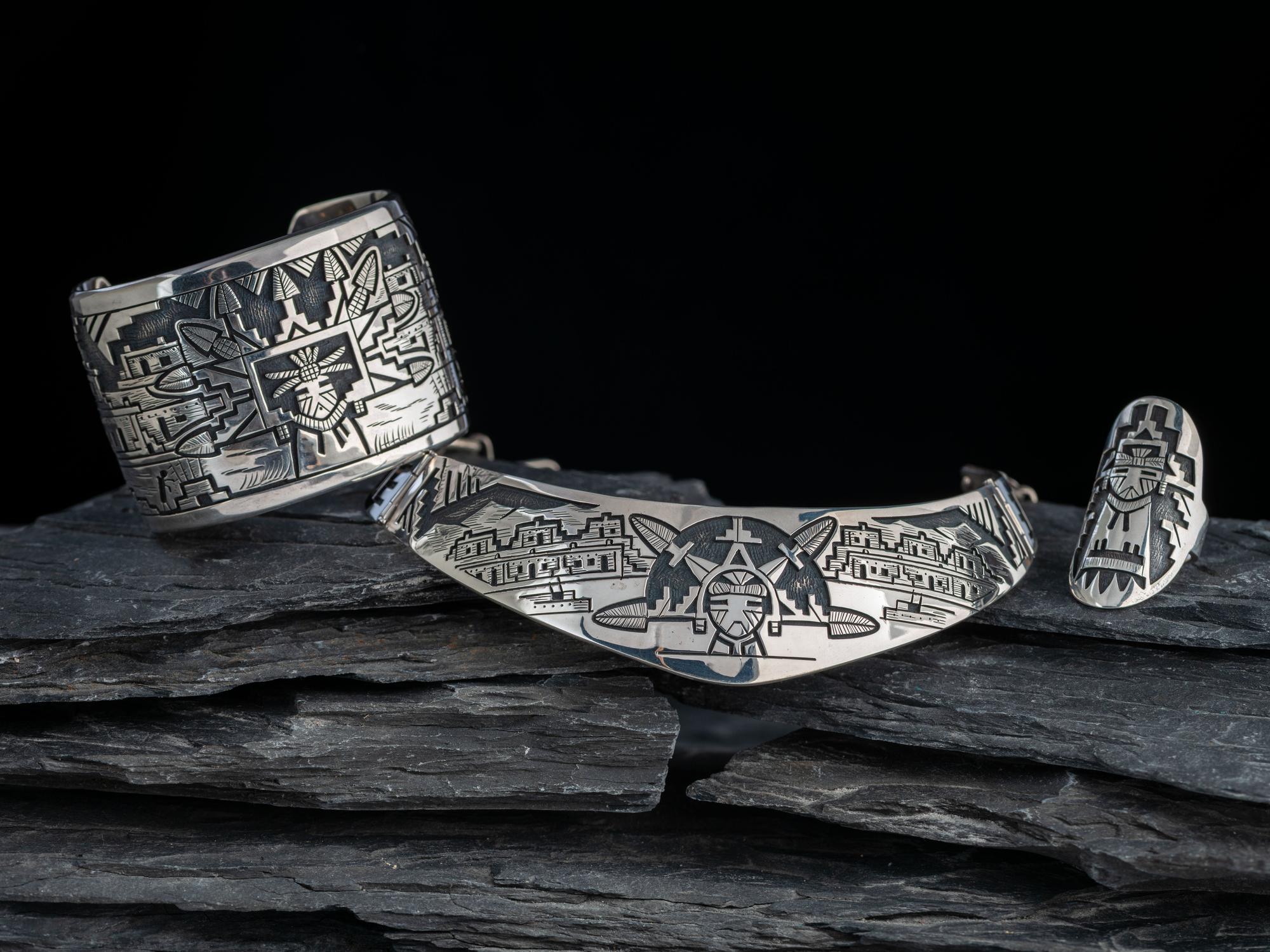 Sterling Silver Overlay Shalako Choker Necklace, Cuff Bracelet, and Ring Set