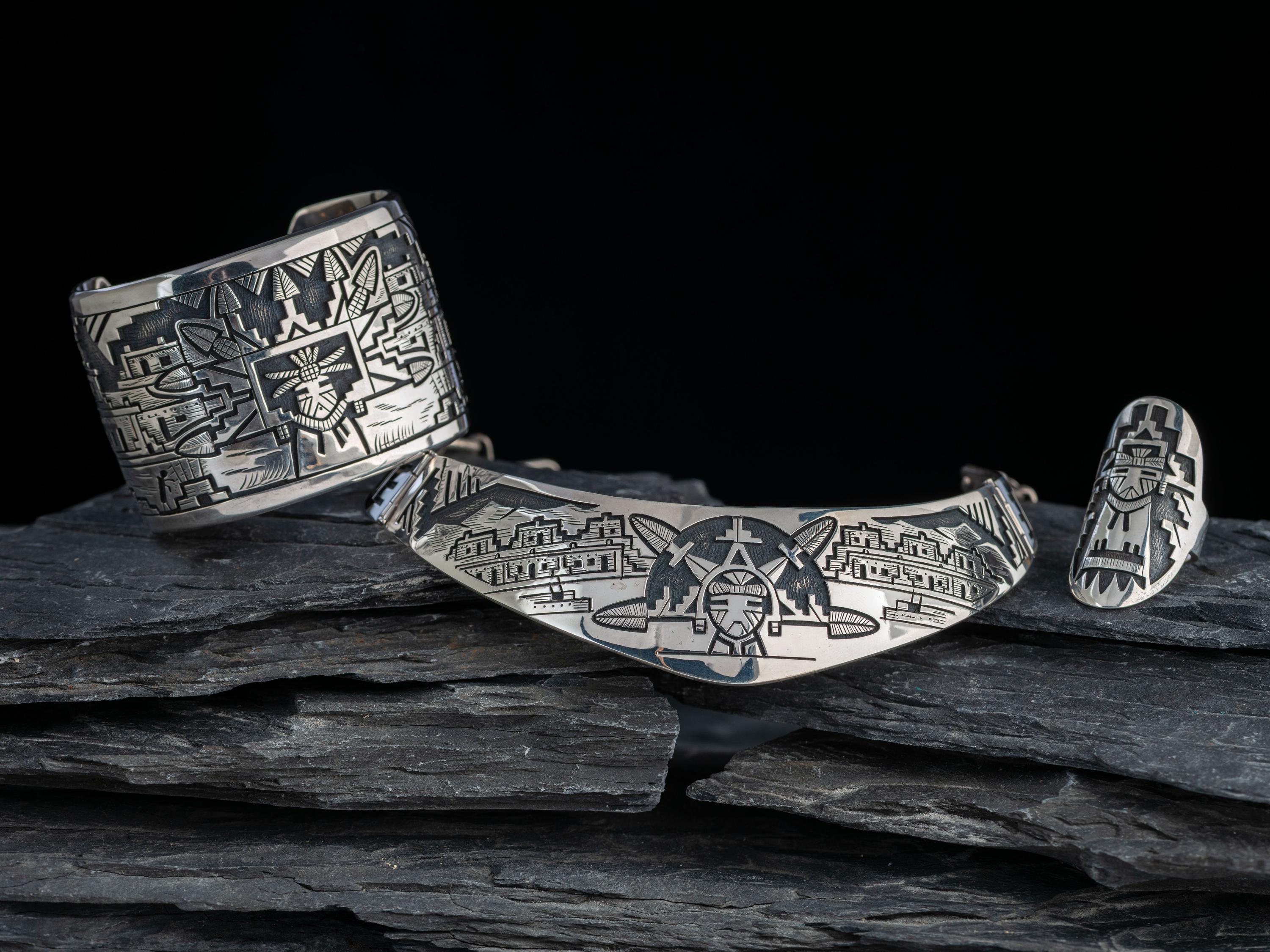 Sterling Silver Overlay Shalako Choker Necklace, Cuff Bracelet, and Ring Set