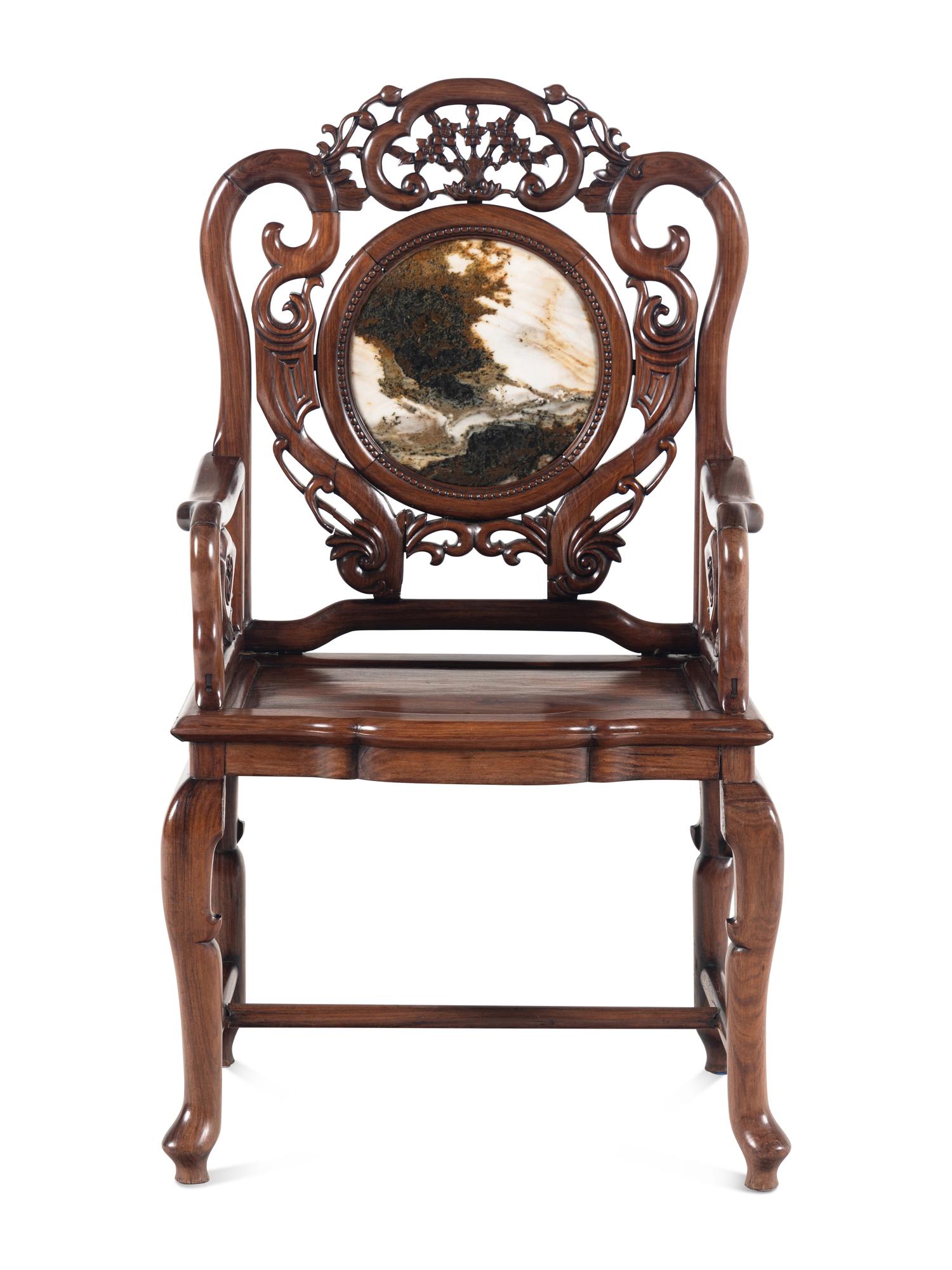 A Chinese Export Marble Inset Hongmu Armchair