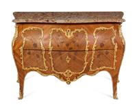 A Louis XV Style Gilt Bronze Mounted Sans Traverse Marquetry Marble-Top Bombe Commode