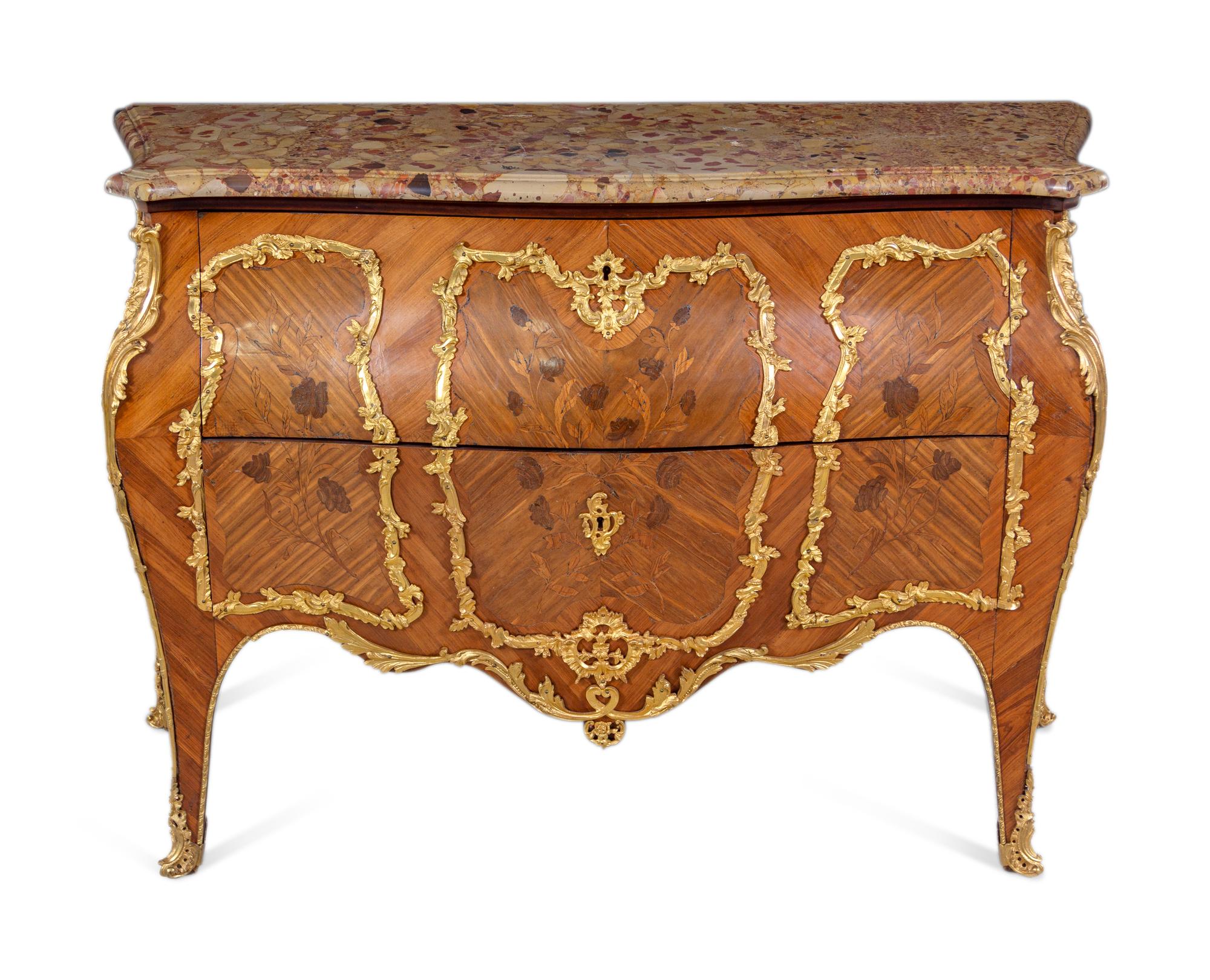 A Louis XV Style Gilt Bronze Mounted Sans Traverse Marquetry Marble-Top Bombe Commode