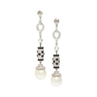 SOUTH SEA CULTURED PEARL, DIAMOND, ONYX AND ENAMEL EARRINGS