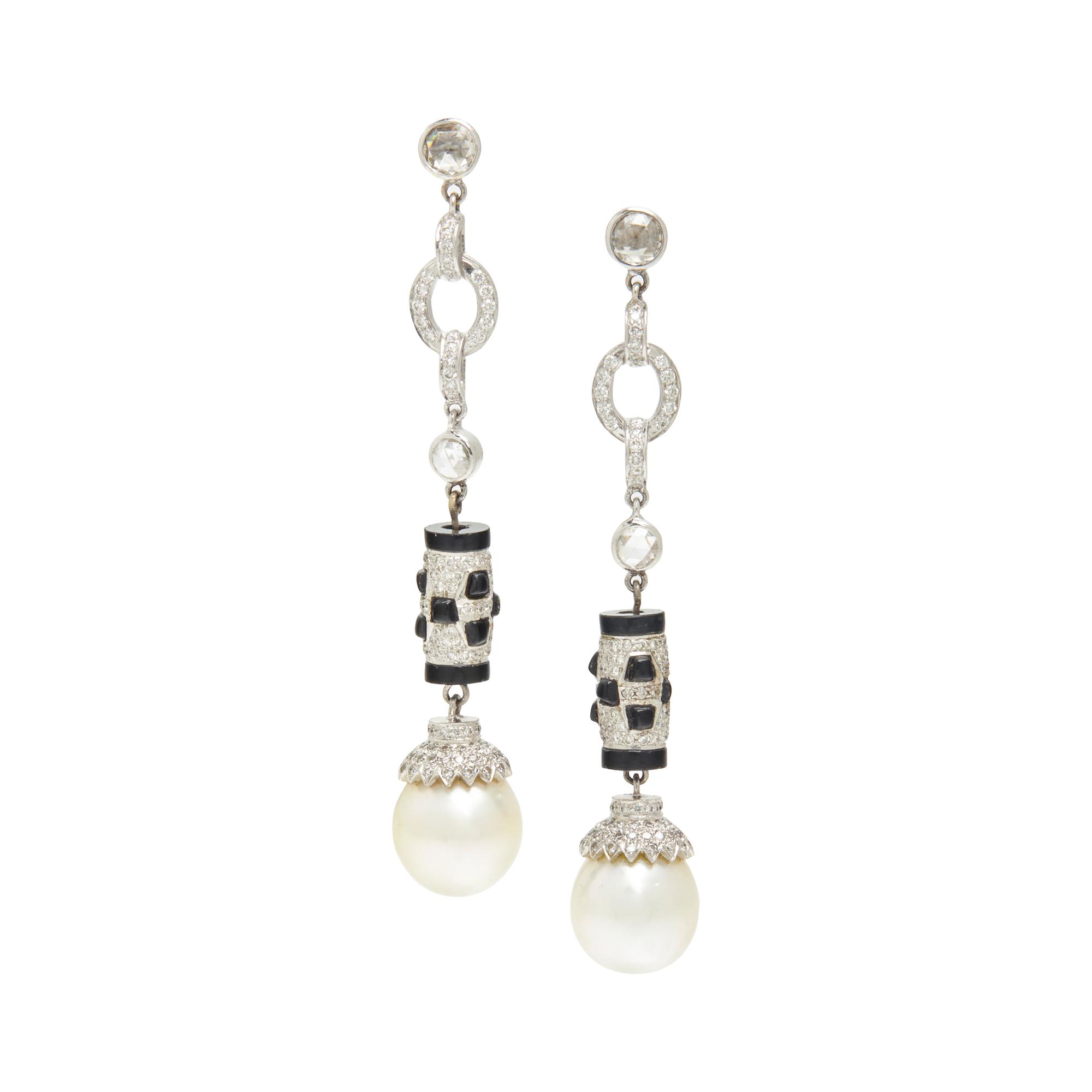 SOUTH SEA CULTURED PEARL, DIAMOND, ONYX AND ENAMEL EARRINGS