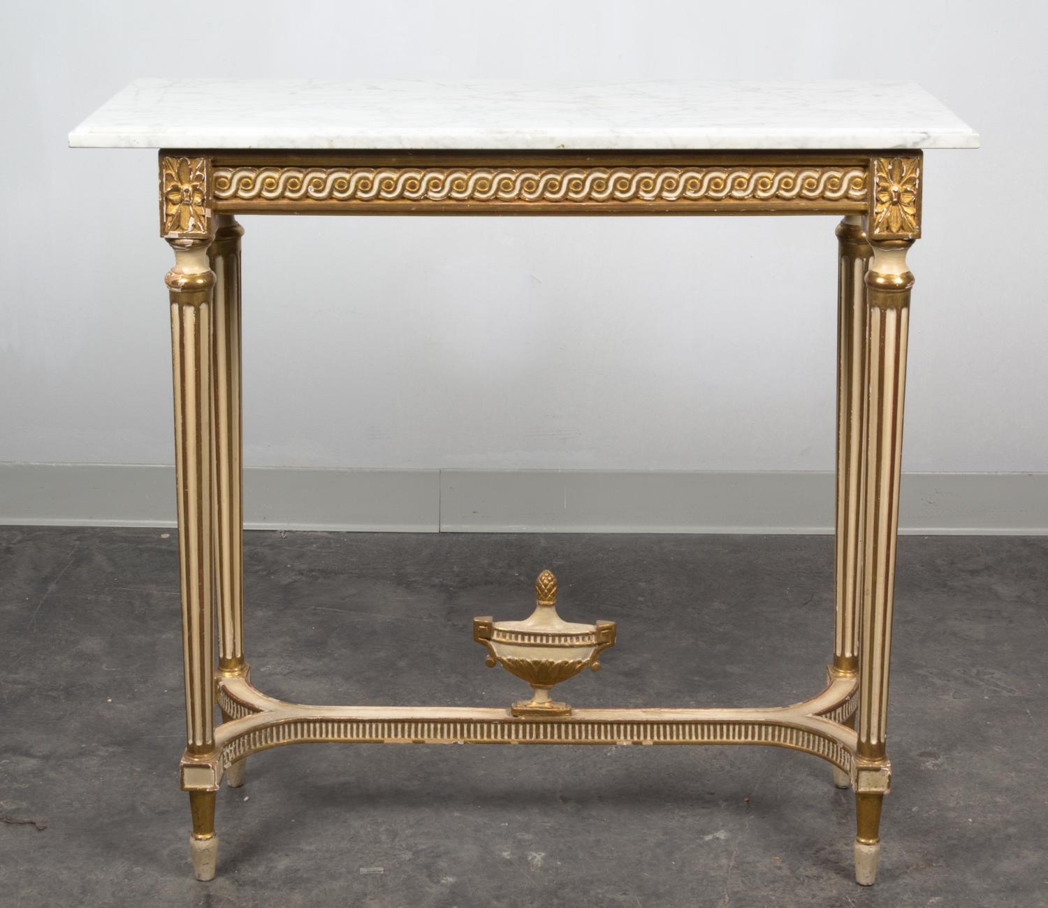 A Louis XVI Style Painted and Parcel Gilt Console Table Height 31 1/2 x width 30 3/4 x depth 11 inches (base). — MID 20TH CENTURY