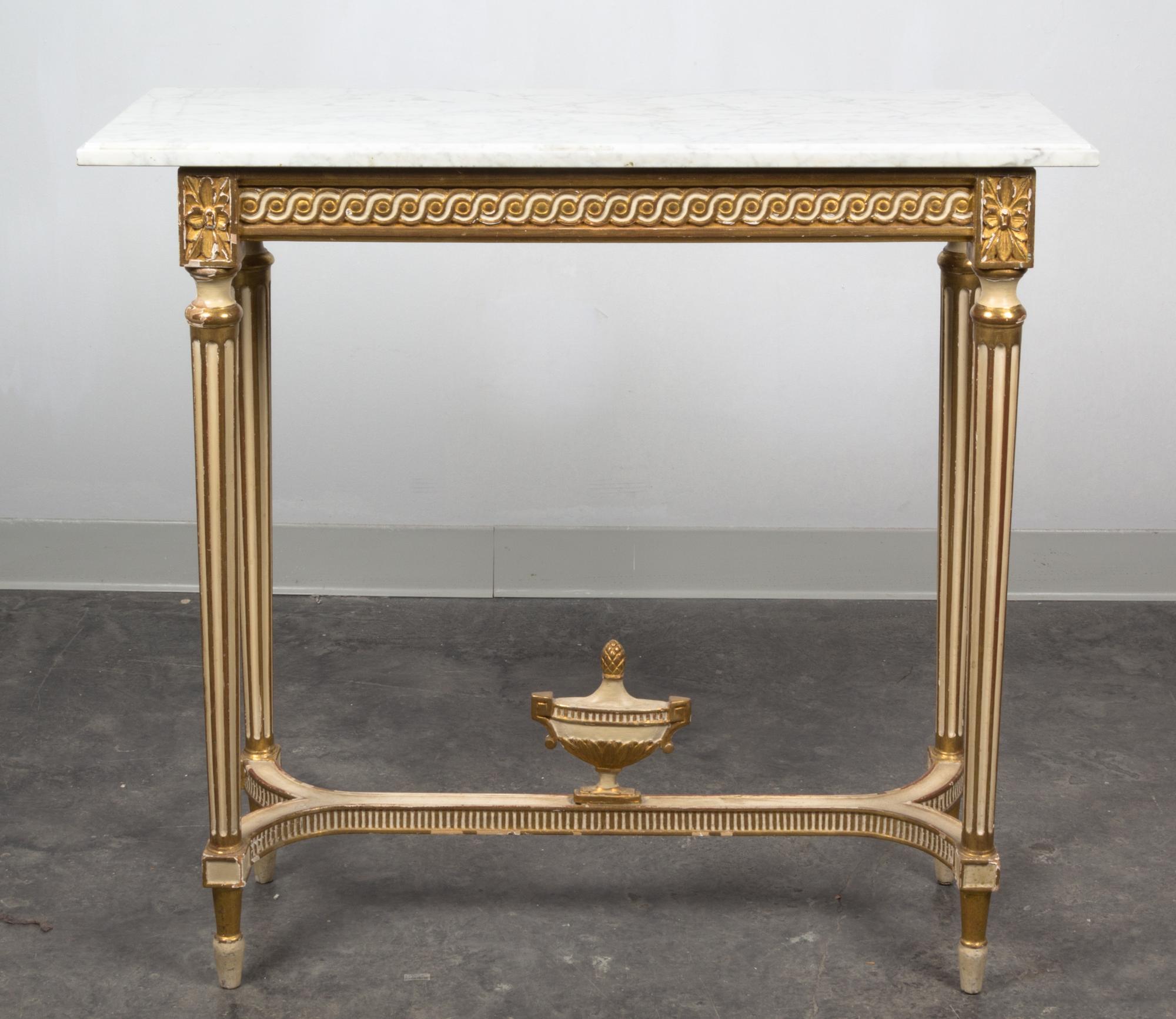 A Louis XVI Style Painted and Parcel Gilt Console Table Height 31 1/2 x width 30 3/4 x depth 11 inches (base). — MID 20TH CENTURY