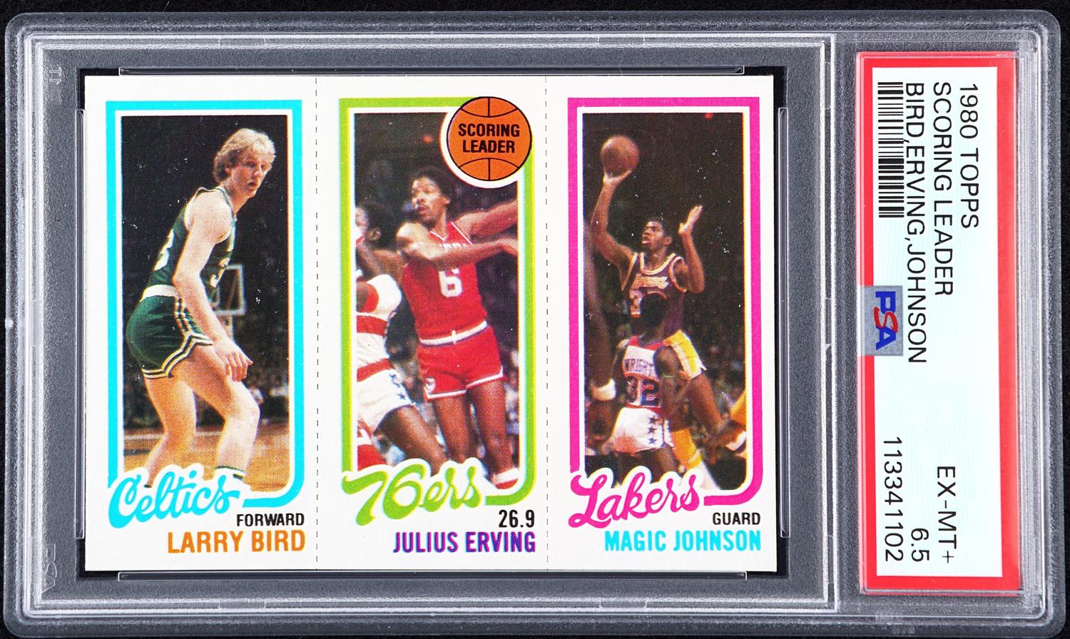 1980 Topps Scoring Leader Larry Bird Magic Johnson Rookie Basketball Card (PSA 6.5 EX-MT+)