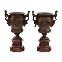 A Pair of Renaissance Revival Bronze and Marble Urns