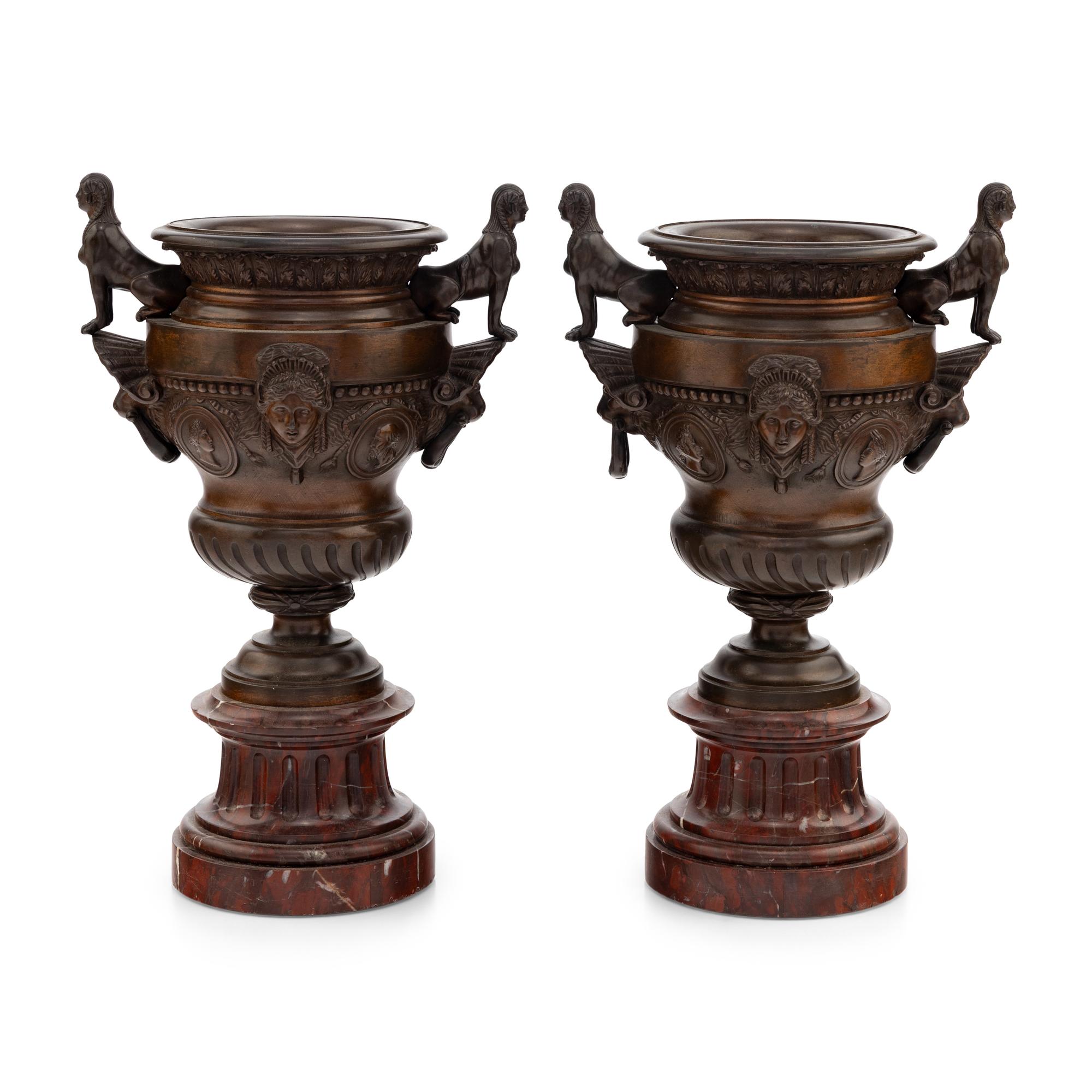 A Pair of Renaissance Revival Bronze and Marble Urns