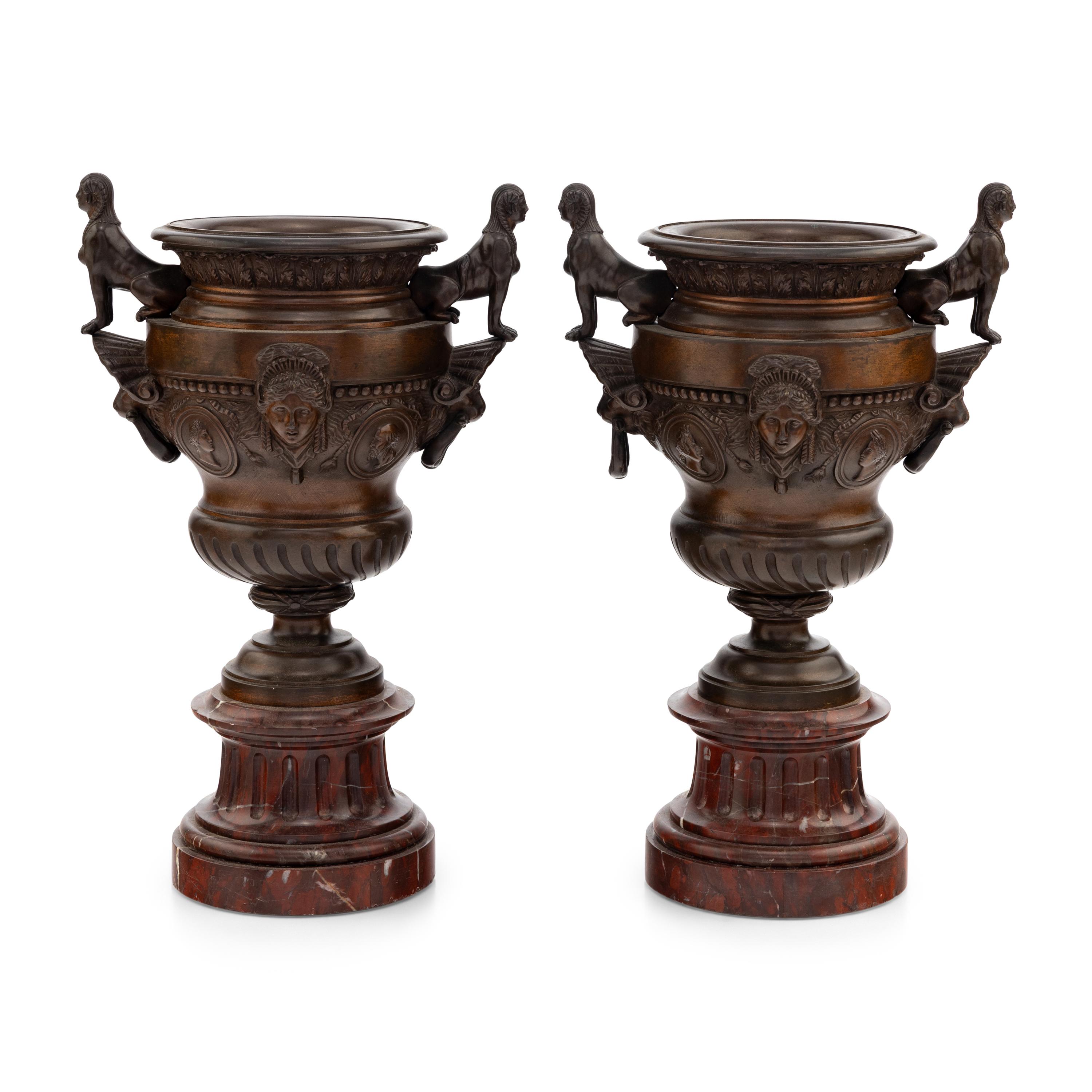 A Pair of Renaissance Revival Bronze and Marble Urns