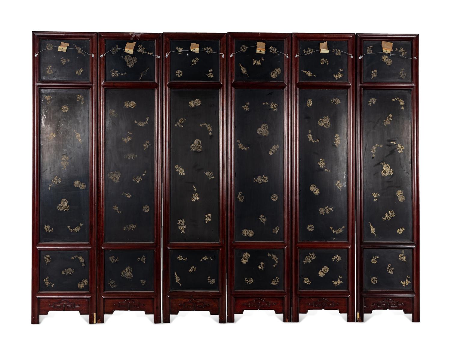 A Chinese Bone and Hardstone Inset Six-Panel Floor Screen