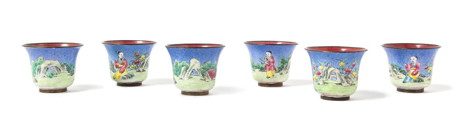 A Set of Six Chinese Canton Enamel Scholar’s Cups 19TH CENTURY Height 1 1/2 inches. — 19TH CENTURY