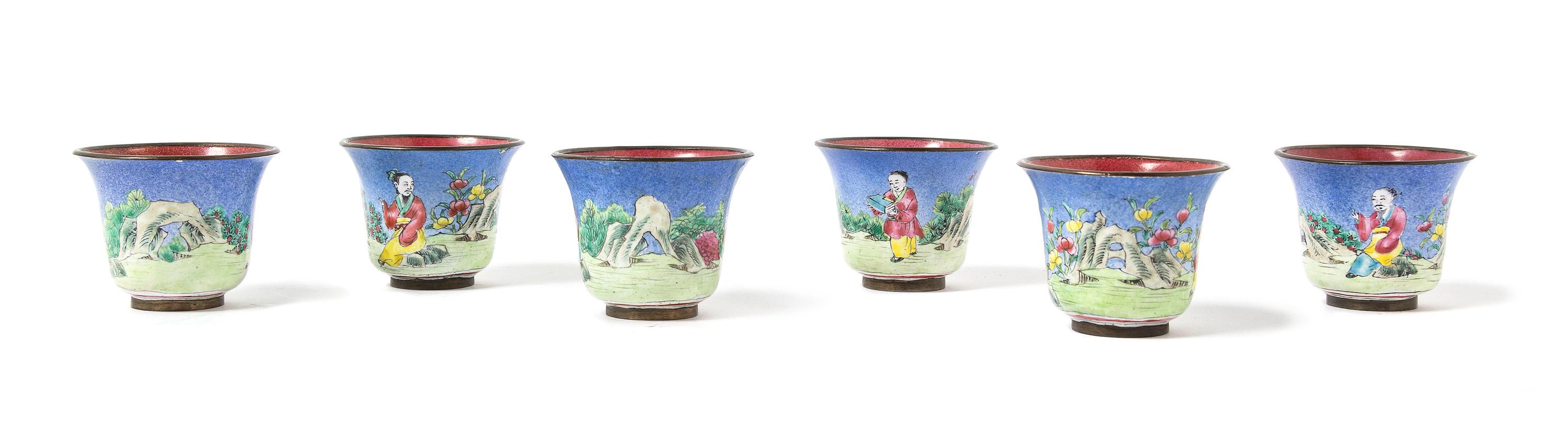 A Set of Six Chinese Canton Enamel Scholar’s Cups 19TH CENTURY Height 1 1/2 inches. — 19TH CENTURY