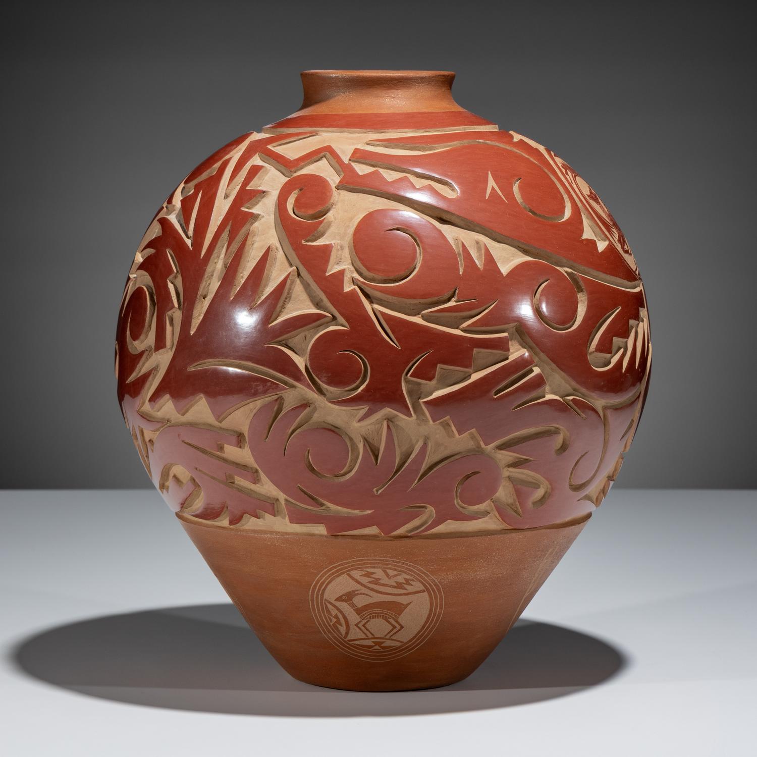 Large Three-Toned Deeply Carved Pottery Jar