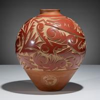 Large Three-Toned Deeply Carved Pottery Jar
