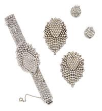 A Rhinestone Demi Parure, Bracelet 6.5" x 1.5", earclips 2.5" x 1.5".