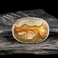 Gail Bird and Yazzie Johnson (Kewa-Laguna, b. 1949) / (Diné, b. 1946) — Silver and Morrisonite Jasper Belt Buckle