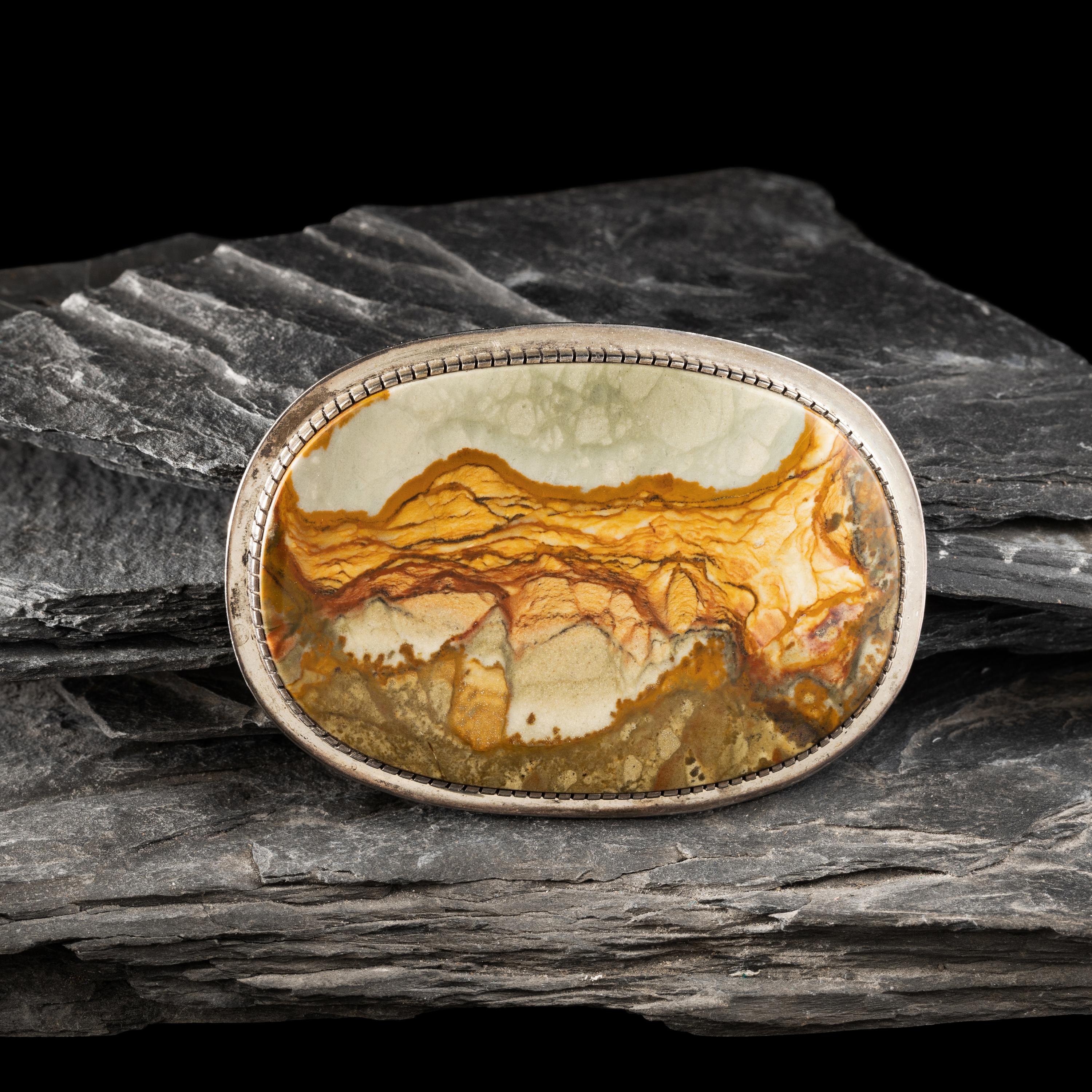Gail Bird and Yazzie Johnson (Kewa-Laguna, b. 1949) / (Diné, b. 1946) — Silver and Morrisonite Jasper Belt Buckle