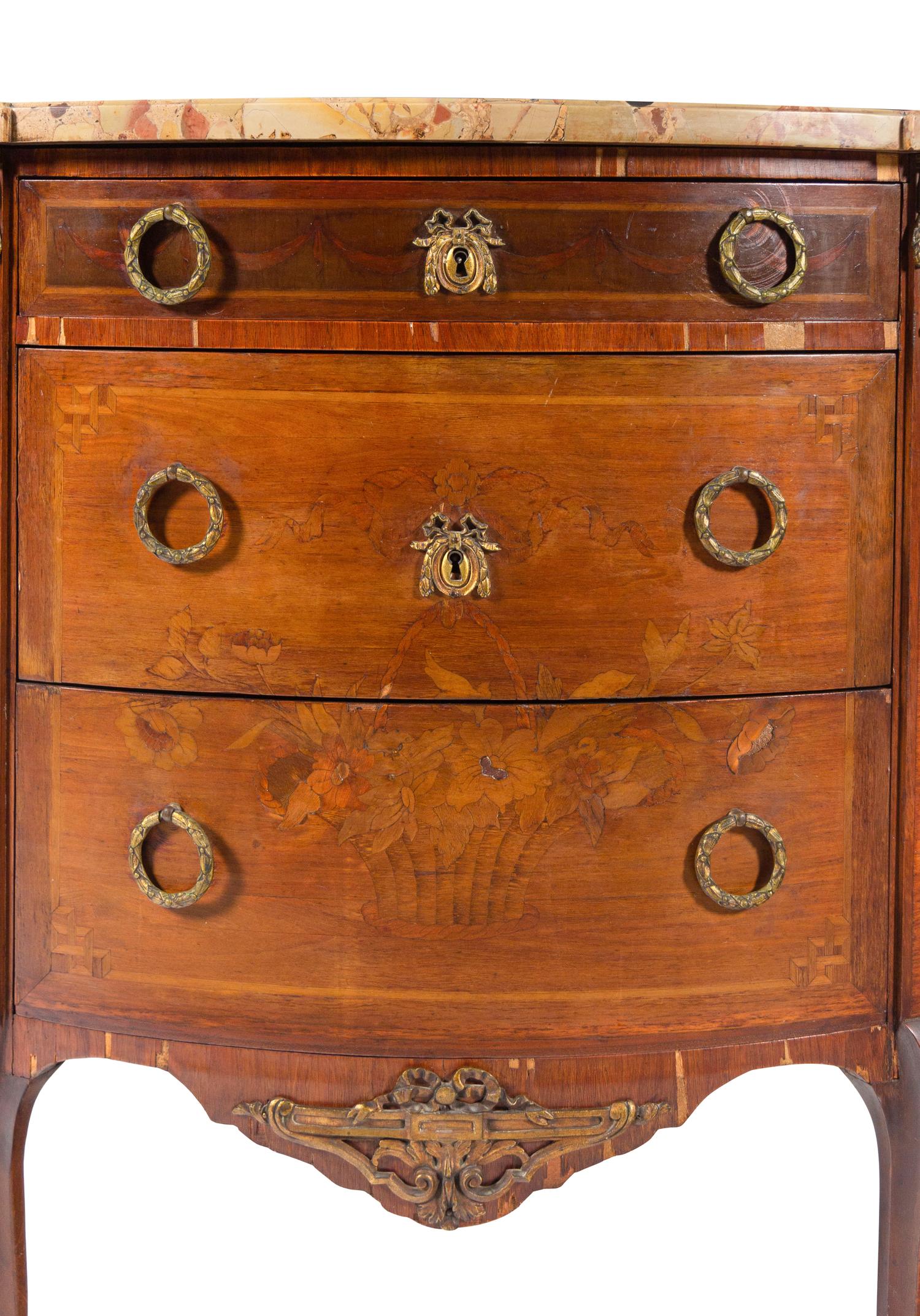 A Louis XV/XVI Transitional Style Marquetry Marble-Top Commode